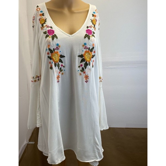 Sugarlips Dresses & Skirts - Womens Sugar Lips V Neck Floral Embroidered Lined Tunic Dress Bell Sleeve Sz M
